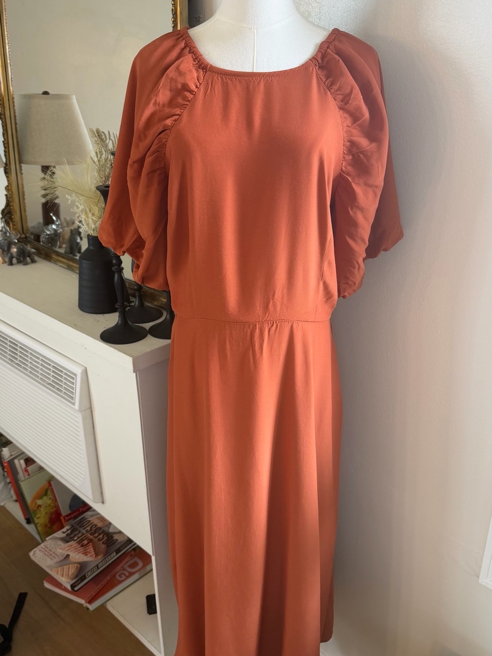 A New Day Rust Orange Puff Sleeve Midi Dress